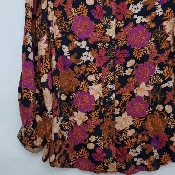 Democracy Dark Floral Print Classic Button Front Preppy Women's Top Size Large - Picture 6 of 16